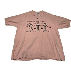 Vintage 4 FUN‎ Originals Abstract Tribal Figures Graphic Polo Peach Men's XXL